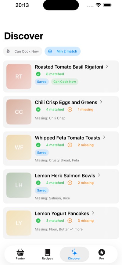 Cookyard’s discovery feed showing recipes with matched and missing pantry ingredients.