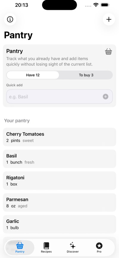 Cookyard’s pantry showing ingredients on hand and a shopping list tab.