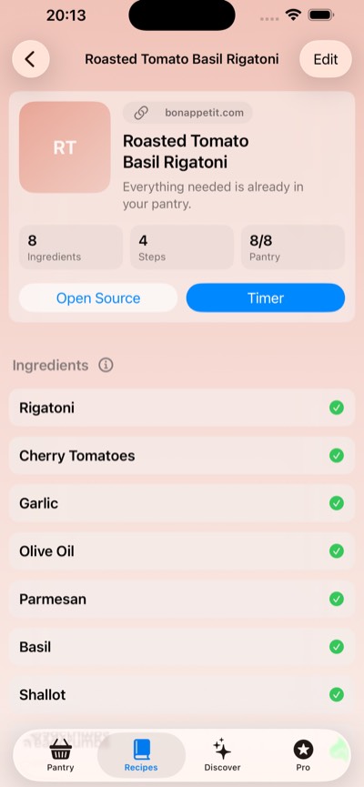 Cookyard’s roasted tomato basil rigatoni recipe showing ingredients matched with the pantry.