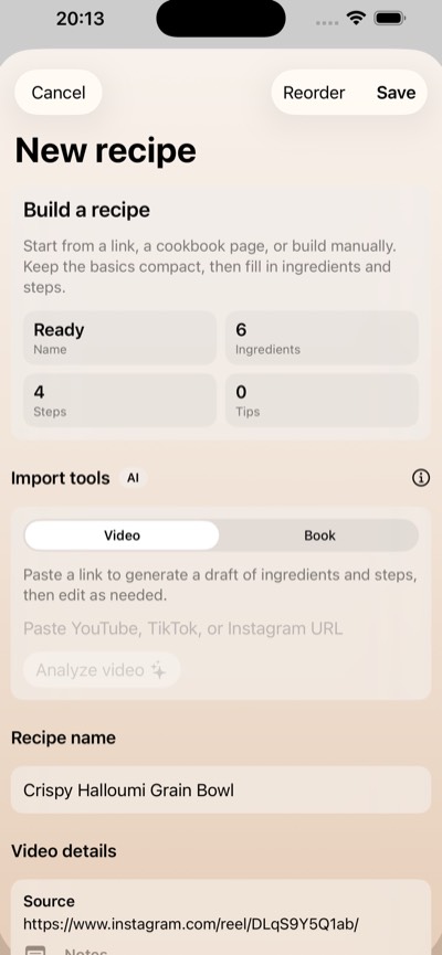 Cookyard’s recipe builder with video and cookbook import options.