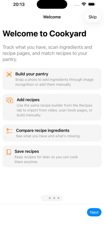 Cookyard’s welcome screen introducing pantry tracking, recipe imports, ingredient comparison, and saved recipes.