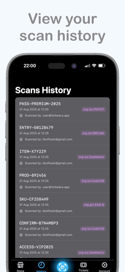 Ticketara’s scan history listing scanned codes, timestamps, and scanner accounts.