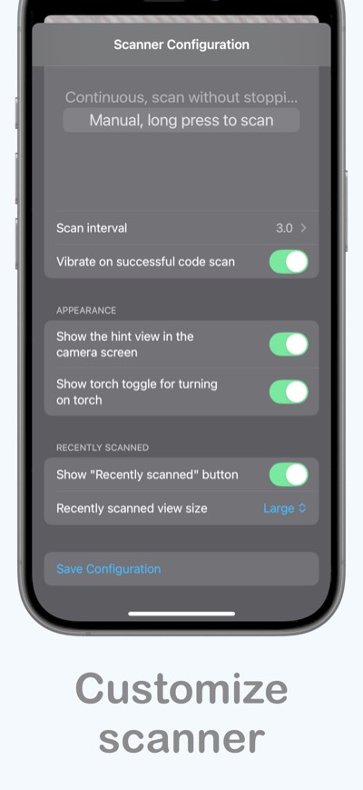 Ticketara’s scanner configuration with scan modes, interval, vibration, and camera controls.