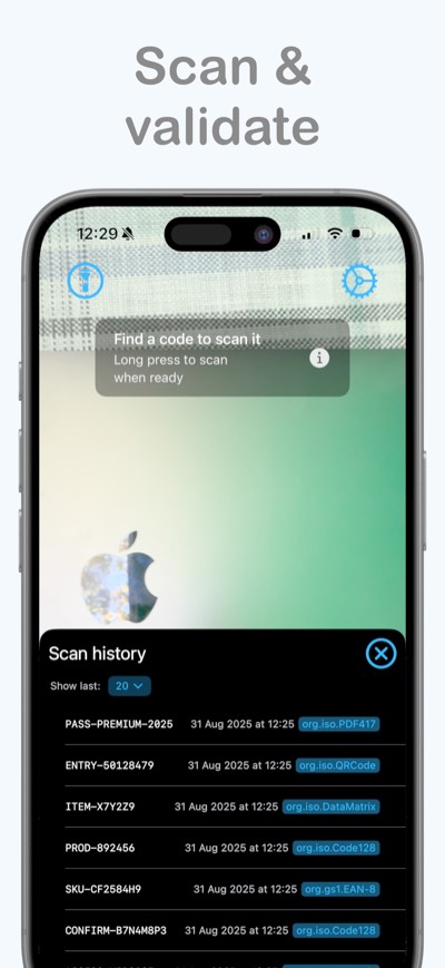 Ticketara’s camera scanner with a panel listing recently scanned codes.
