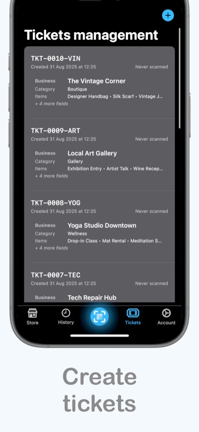 Ticketara’s ticket management screen listing tickets and their scan status.
